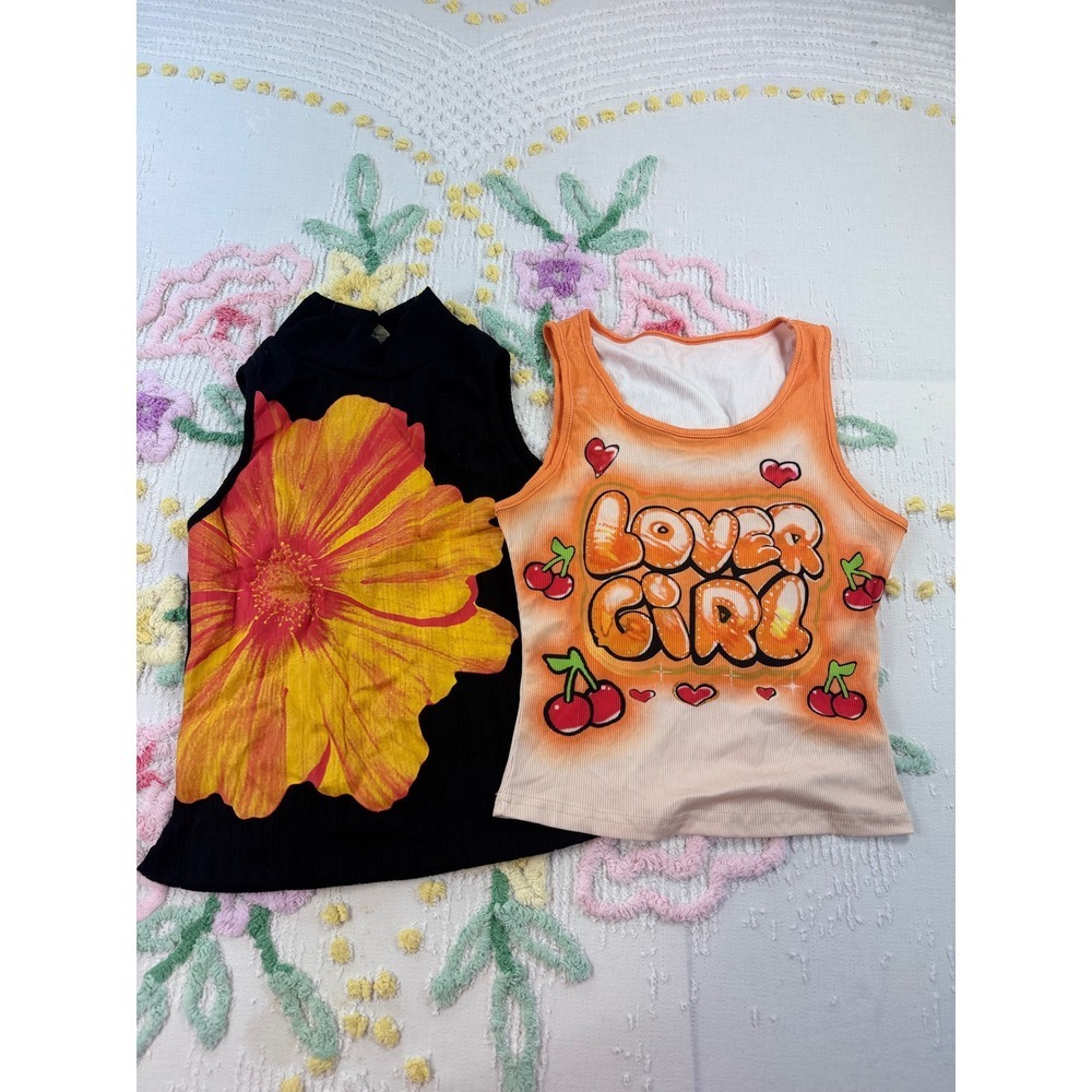 2 Piece Y2K Crop Top Set Flower Graphic Cherry‎ Lover Girl Tank Tops Women